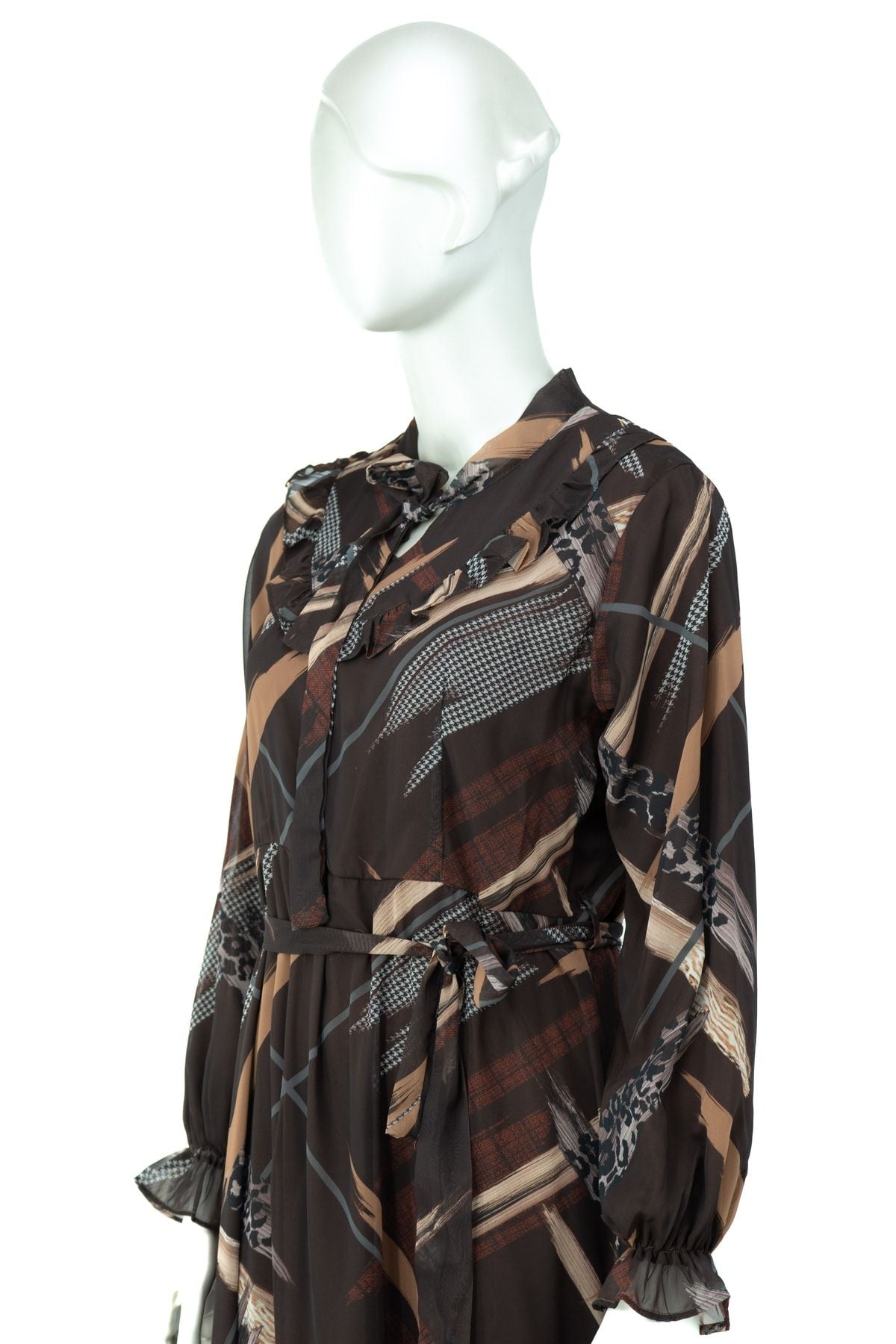 Kadın Zarif Desenli Yuvarlak Yaka Kuşaklı Astarlı Tam Kalıp Rahat Kesim Uzun Şifon Elbise